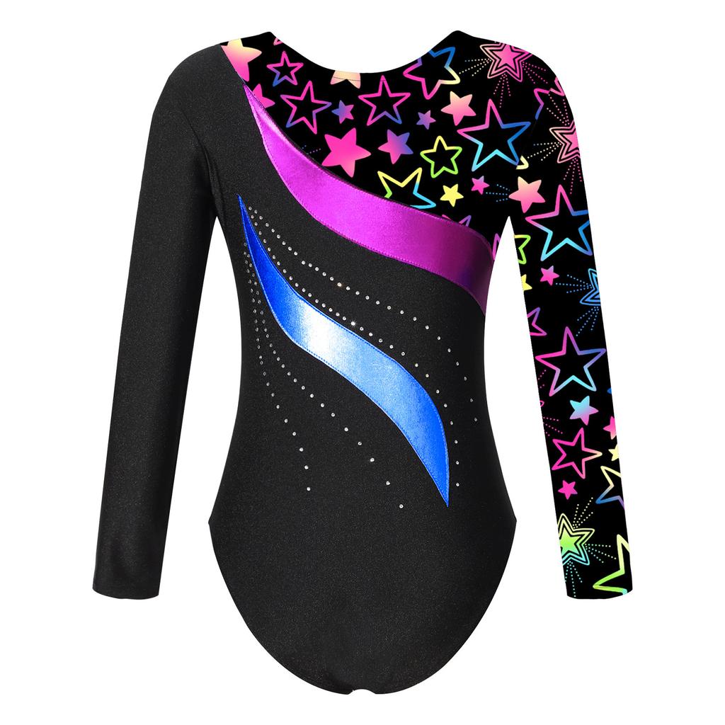 Girls Shiny Rhinestone Leotard Long Sleeve Round Neck Bronzing Fabric Pattern Print Performance Bodysuit