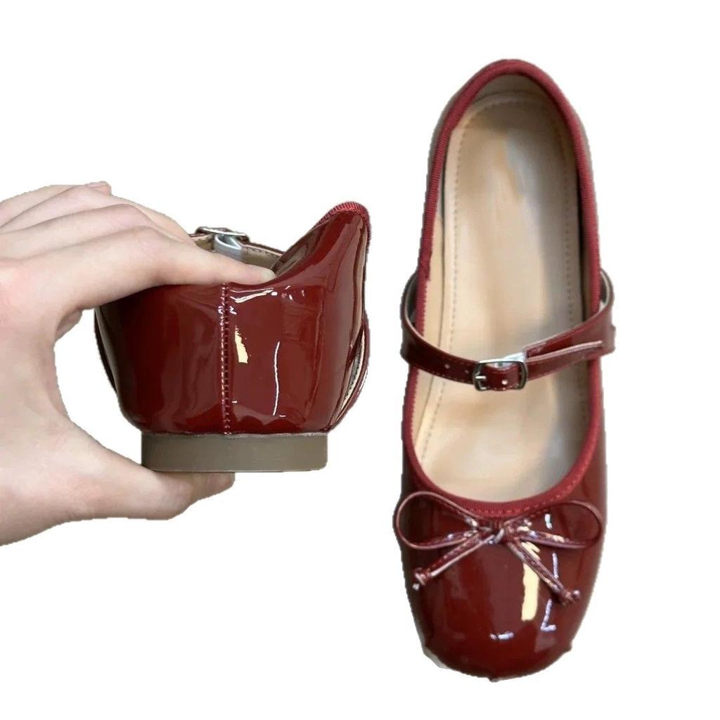 Fairy Wind~ Small Man Inner Height Increase 5cm Red Mary Jane Shoes Women's Bow Word with Light Mouth Ballet Shoes