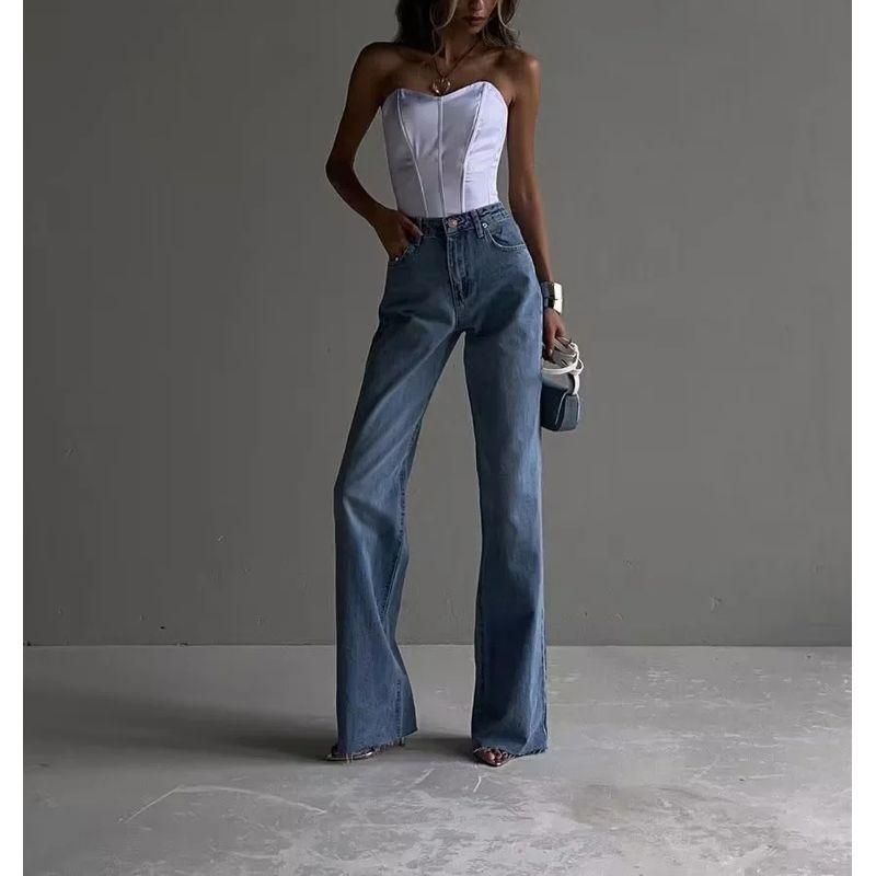 Fall and Winter New Arrival Women's Fashion All-Match Silm Slim Looking Trendy High Waist Raw Hem Wide Legs Mop Denim Pants