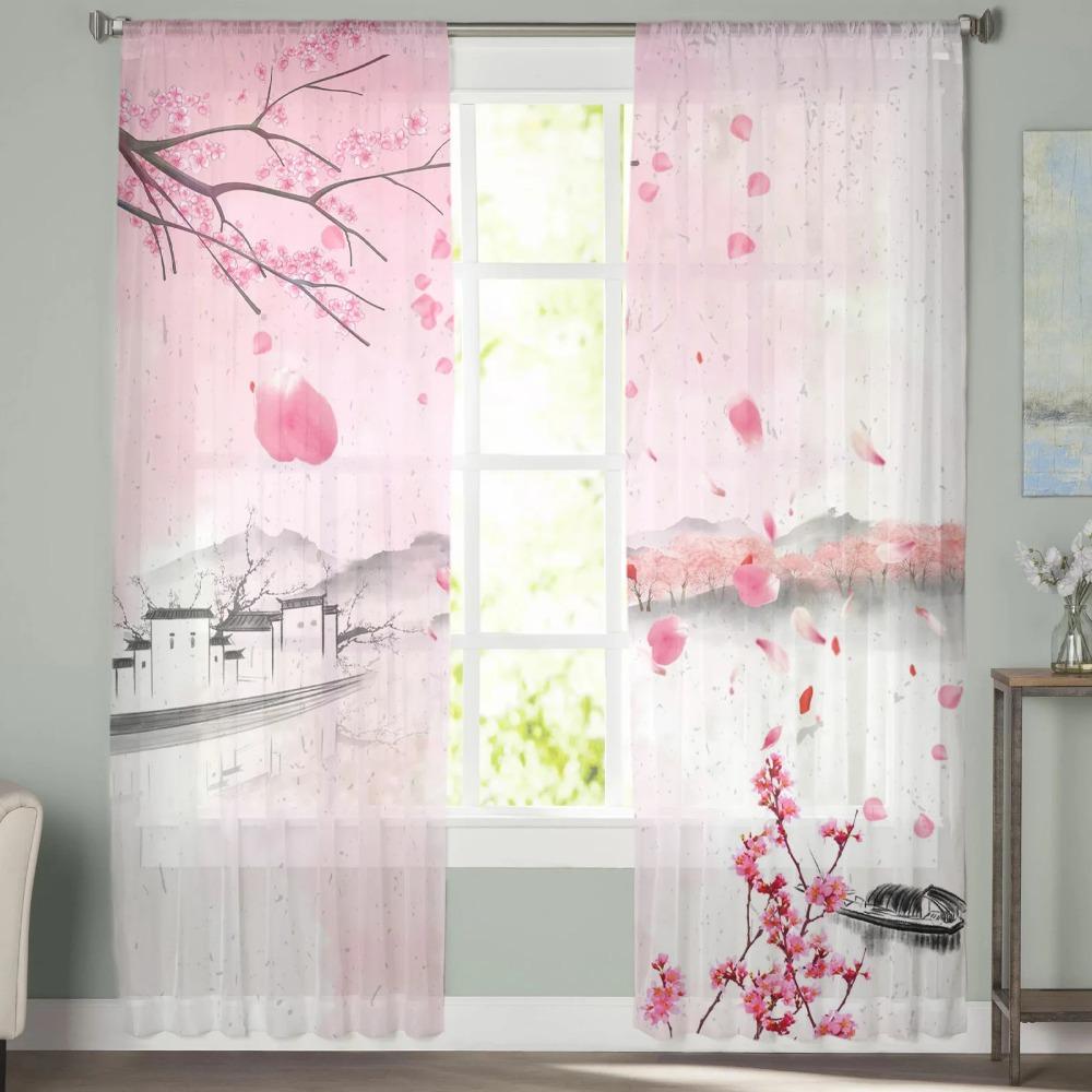 Aquarell Kirschblüte Tüll Vorhänge für Wohnzimmer Schlafzimmer Dekoration Chiffon Sheer Voile Küche Fenster Vorhang Vorhänge