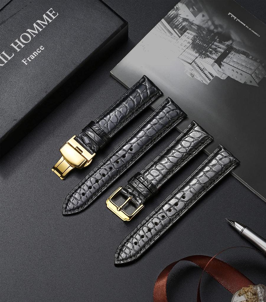 Moran Crocodile Leather Watch Strap with Waterproof and Replacement Strap D-Buckle, 18mm, 19mm, 20mm, 21mm, 22mm, 23mm, 24mm, Sweatproof,