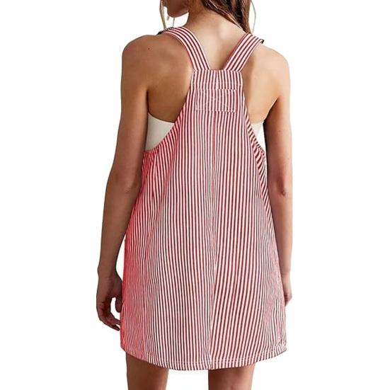 Damen Trägerkleid U-Ausschnitt Ärmellos Gestreiftes Mini-Kleid mit Taschen Lockerer Schnitt Schlankmachendes Aussehen Kleid Arbeits- und Freizeitkleidung