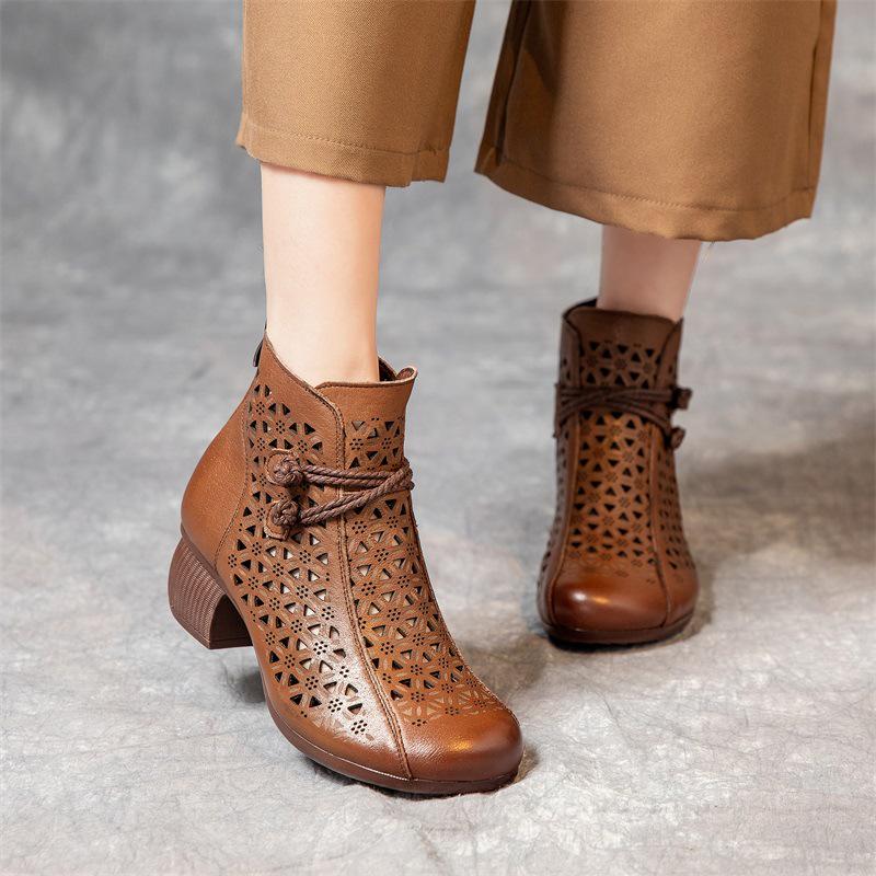 2025 Summer Genuine Leather Peep-Toe Perforated Mid-Heel Sandals - Women's Retro Chunky Heel Martin Boots.