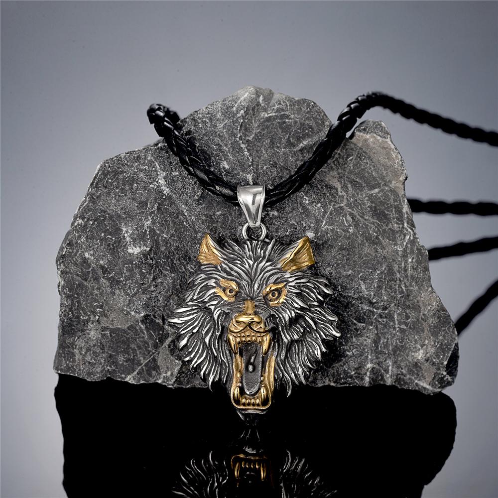 Gold Edelstahl Wikinger Fenrir Halskette Retro Nordische Mythologie Odins Wolf Anhänger Amulett für Männer Punk Schmuck 60CM gray