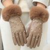 Plush Pu Leather Gloves Soft Women Warm Mittens Gift Rhinestone Winter Gloves  Girls