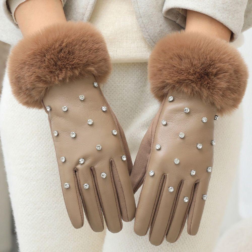 Plush Pu Leather Gloves Soft Women Warm Mittens Gift Rhinestone Winter Gloves Girls
