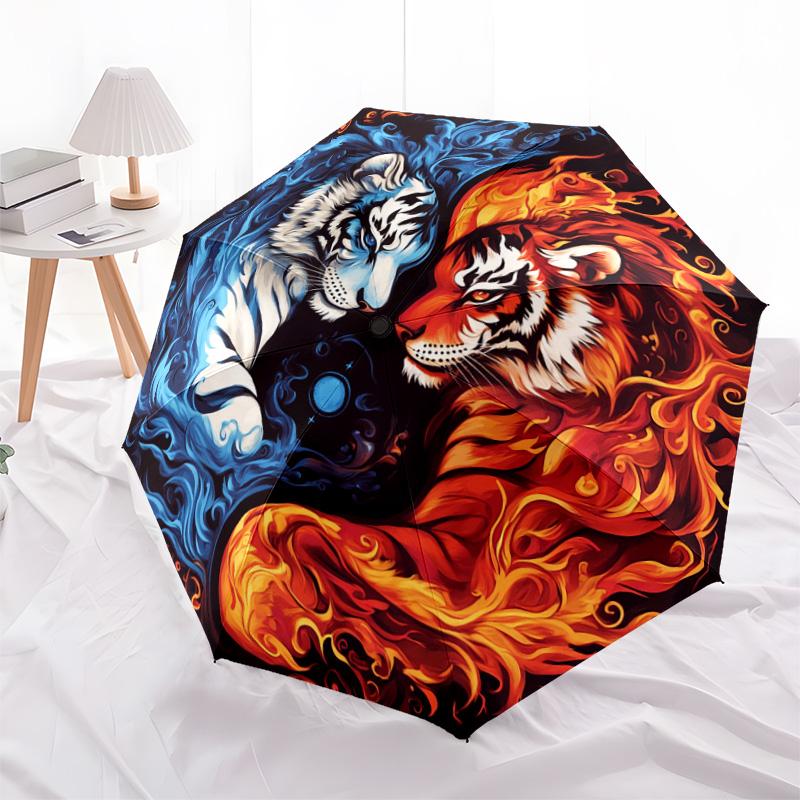 1 PC Automatic Folding Umbrella - Yin Yang Tiger Pattern, Portable & Foldable Design with 8 Ribs, Christmas Birthday Gifts
