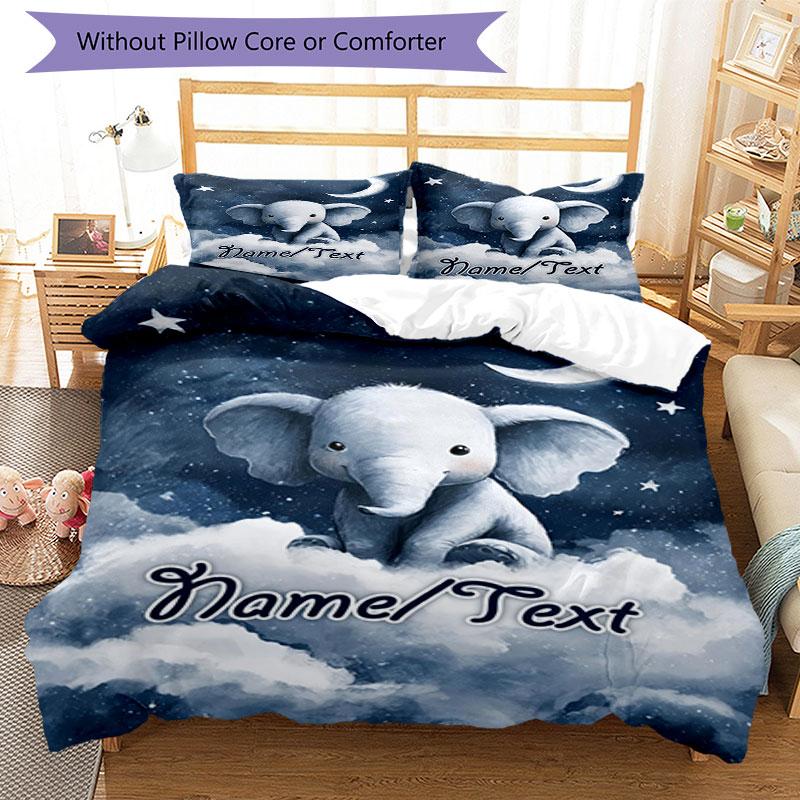 3PC Custom Name Nightly Elephant Dreams Bedding Set Printed  Bedding Set Duvet Cover Closure Includes 1 Duvet Cover & 16 Pillowcases for Bedroom