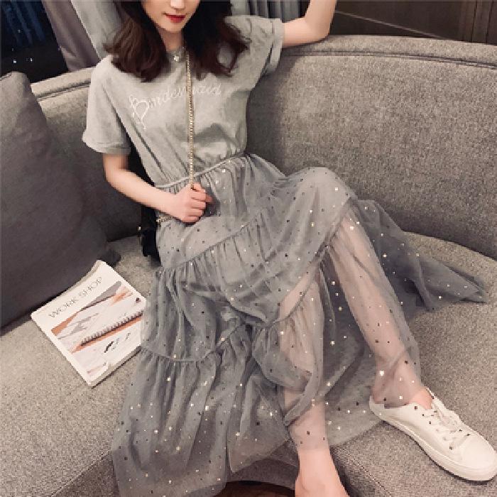 Summer A-line Sequin Mesh Dress - Women's Korean Style with Short Sleeves, Loose Fit, Mid-length, Fairy.