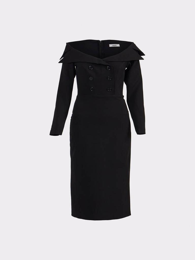 Boat Neck Button Detail Black Midi Dress