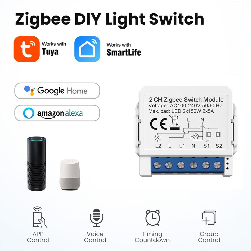 ZWSM16 2 Gang Zigbee 2-Way Switch Module Tuya Mini Remote Control Smart Circuit Breaker