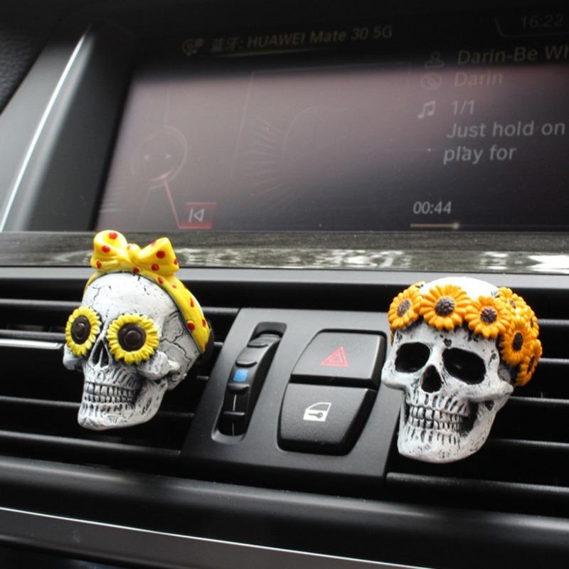 2-Piece Sunflower Skull Car Aromatherapy Set - Air Vent Pendant & Halloween Resin Statue Craft