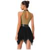 Womens Lyrical Dance Dress Ruched Metallic Mesh Rhinestone Irregular Hem Sleeveless Built-in Briefs Leotard Dress