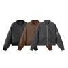 Womens Winter Faux Leather Zipper Jacket Classic Retro Street Style Batwing Cut Short Length In Black Gray Brown