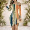 Women Plus Size Chain Strap Cold Shoulder Long Sleeve Striped Printed Asymmetrical Hem Bodycon Dress