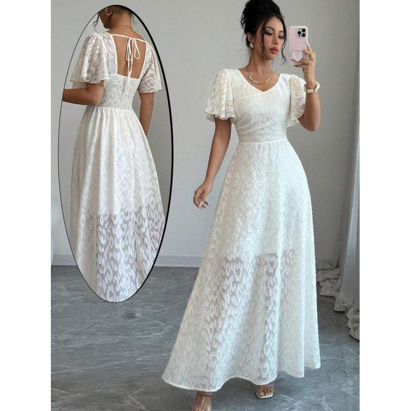 Europe, America 2026 summer new elegant chiffon jacquard V-neck A-shaped dress simple dress women S