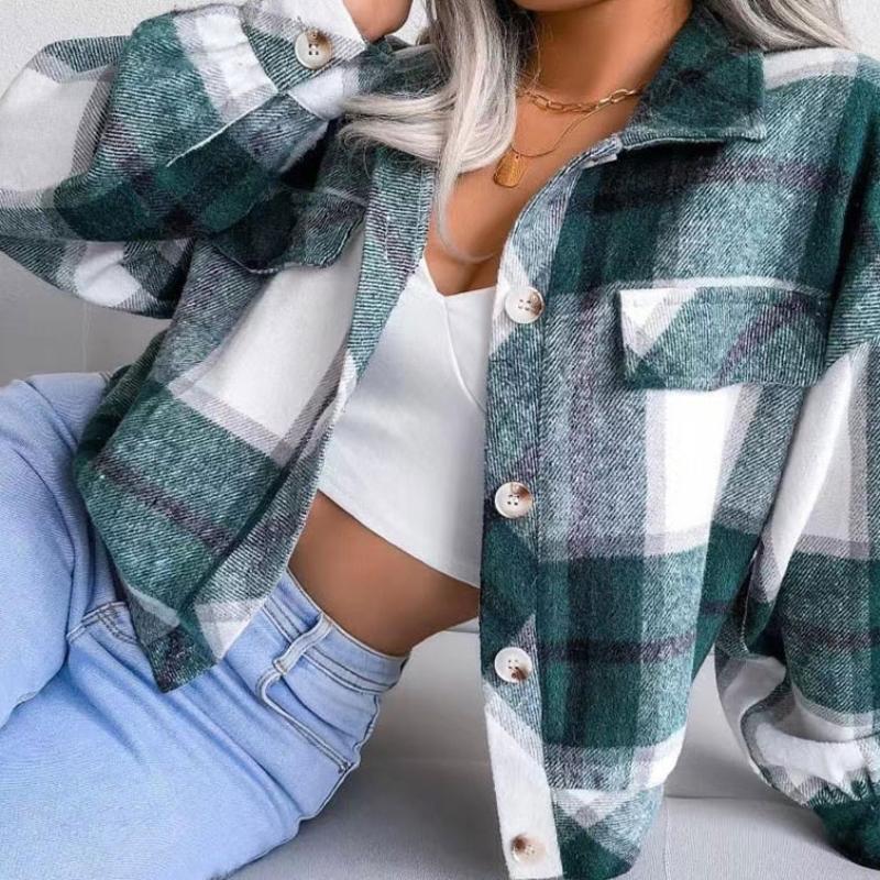 

Модные женские толстые клетчатые рубашки, уличная рубашка, куртка, женская рубашка на пуговицах, куртка, пальто для повседневного шикарного топа, теплые топы XXL зелёный