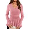 Women Ruched Ruffle Pullover V Neck Long Sleeve Shirt Elegant Sparkly Tunic Slim Fit Casual Top for Dating Work Party