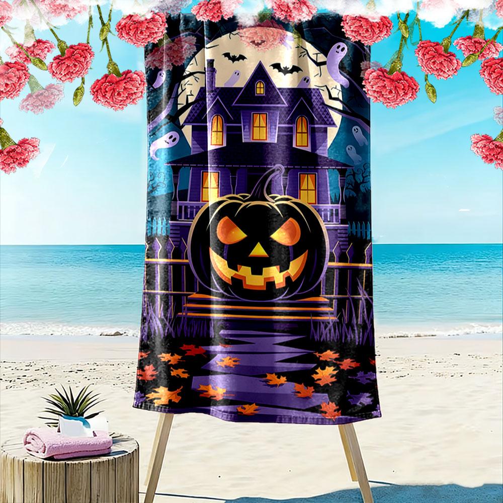 Glowing pumpkin mansion nights Print beach towel, quick drying, suitable for travel, outdoor sports, jogging, the beach and swimming, gift