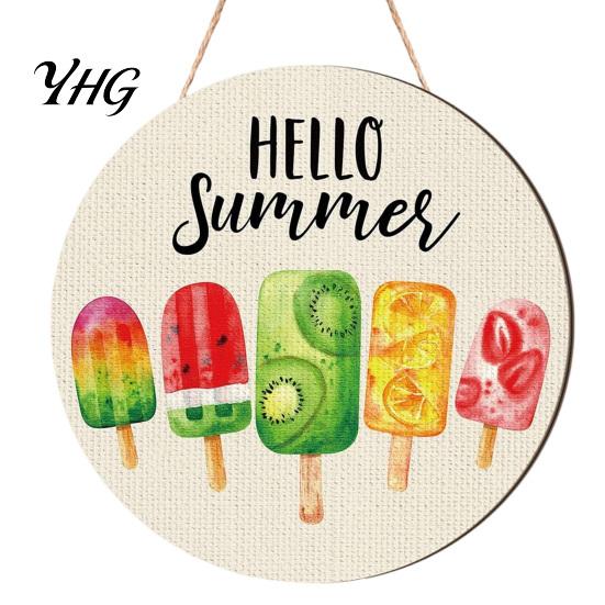 Coastal Style Wall Hanging Hello Summer Door Sign, Ice Pop Flip Flop Welcome Hanger, Decorative Plaque Farmhouse Wooden Wreath for Front Home