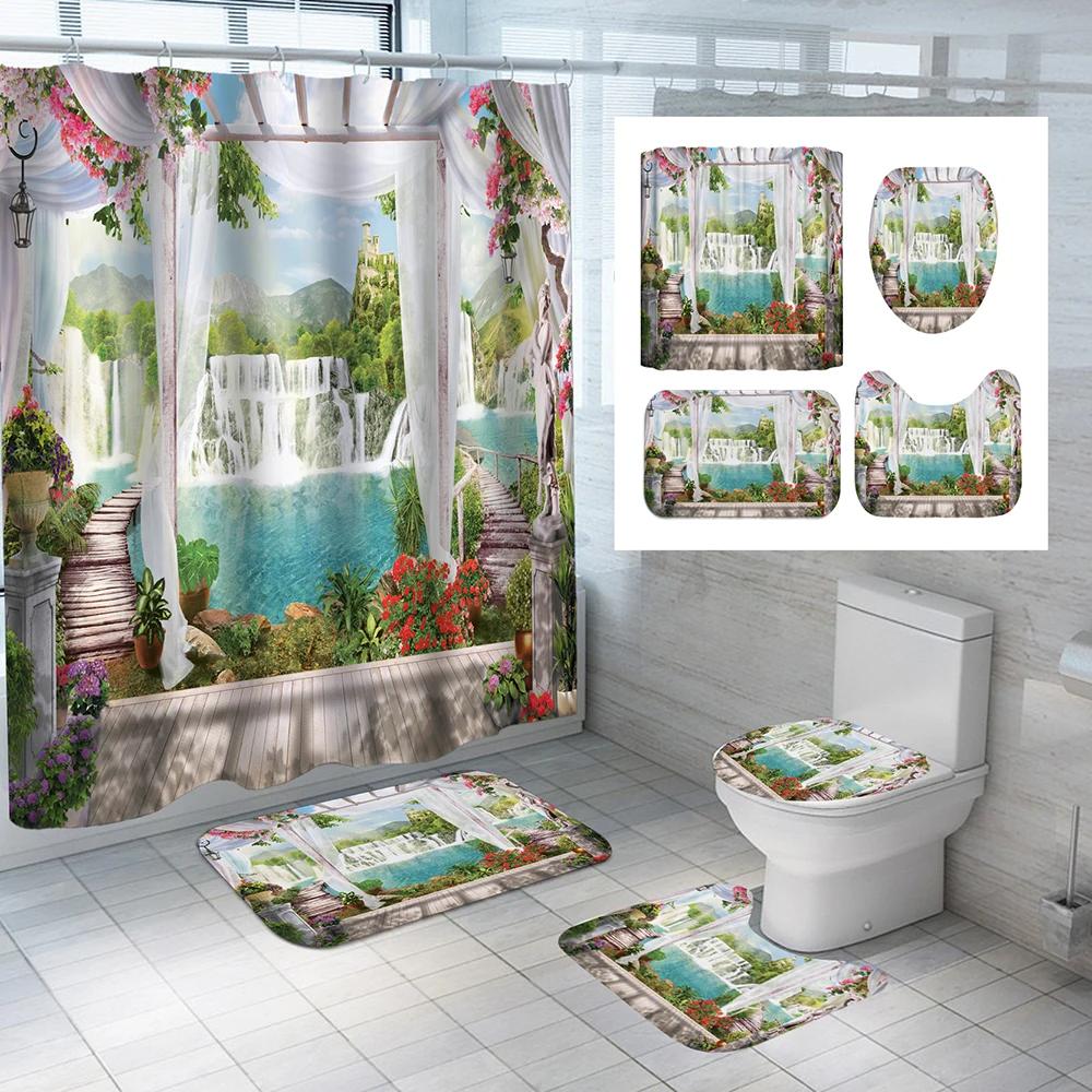 Sunny Beach Pattern Waterproof Polyester Shower Curtain With Hooks Anti-Slip Soft Bath Carpet Mat Lid Toilet Cover Home Decor