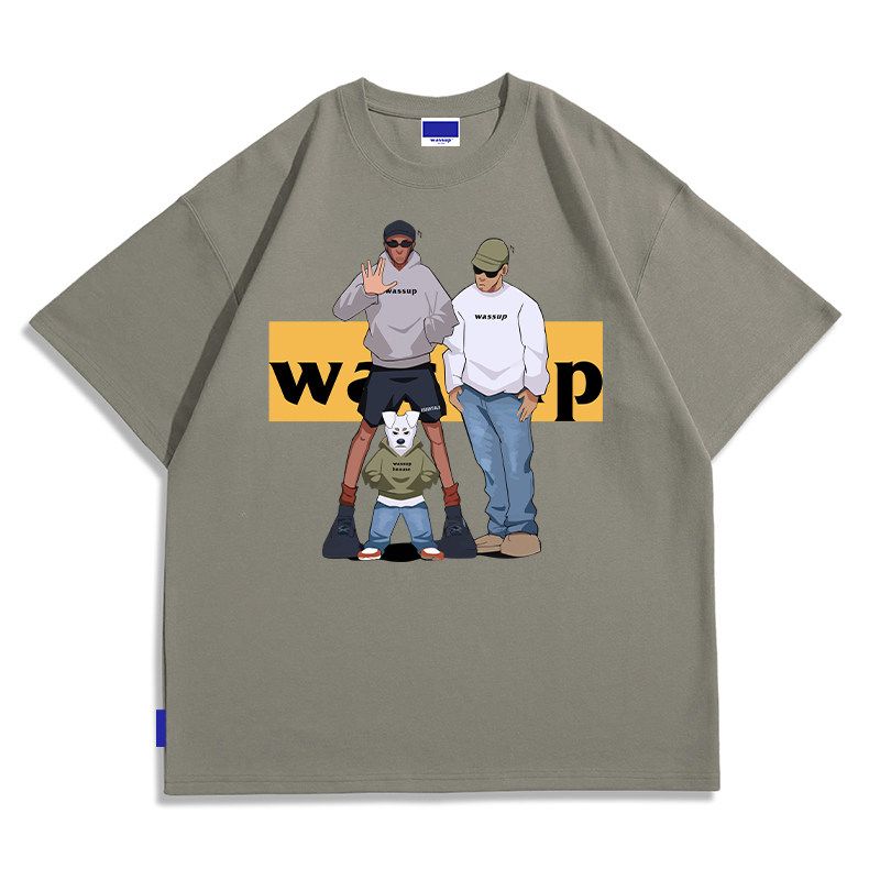 Wassup Heods Short-Sleeve T-Shirt for Men, Heavyweight American High Street Style, Trendy Brand, Ins Couple Half-Sleeve Summer Wear