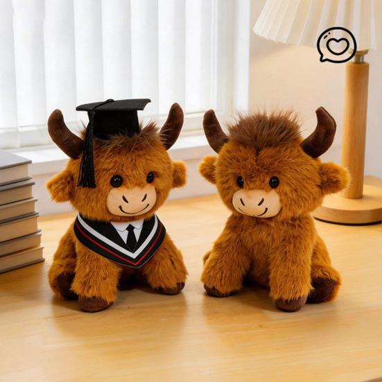 2026 Graduation Highland Cow Plush Toy with Cap Gown Soft Stuffed Animal Graduation Keepsake Toy for Preschool High School College Grads