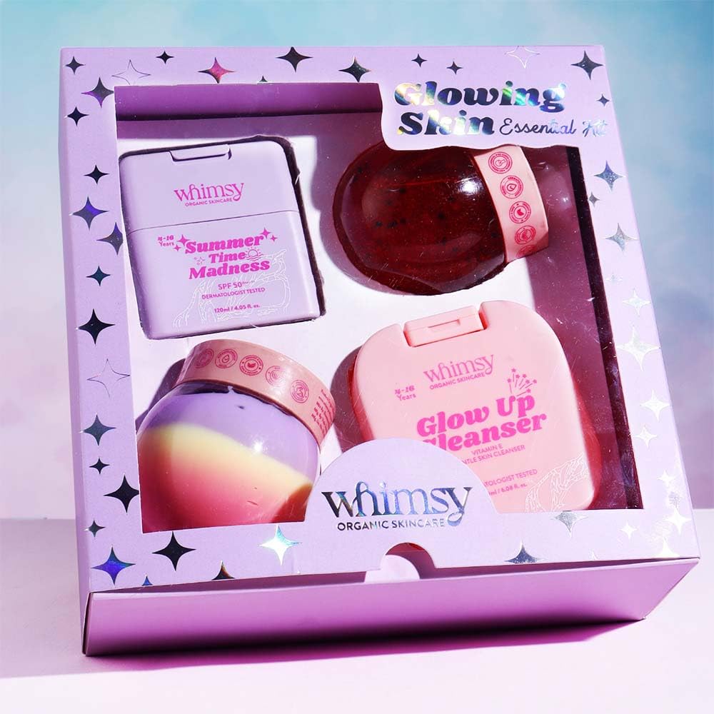 

Whimsy Beauty Набор «Сияющая кожа» для детей и подростков, Полный набор по уходу за кожей с очищающим средством, увлажняющим кремом и солнцезащитным кремом (от 4 до 16 лет) Натуральный, Химический