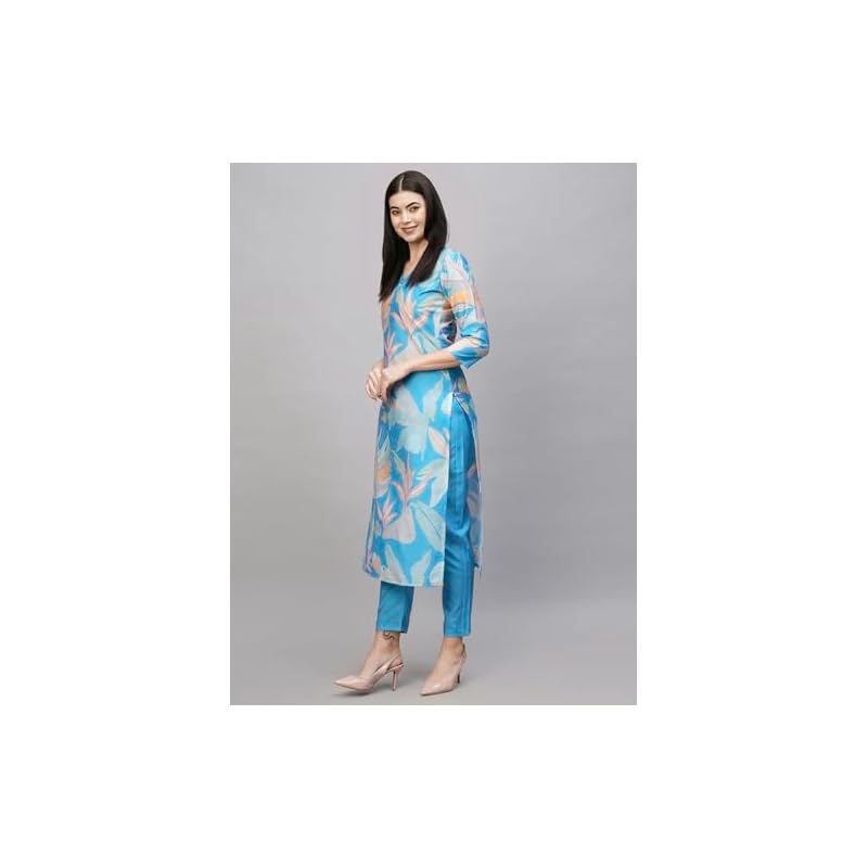 ANNI DESIGNER Women s Cotton Blend Straight Printed Kurta with Pant (Jonaki Blue_L_Blue_Large) M синий
