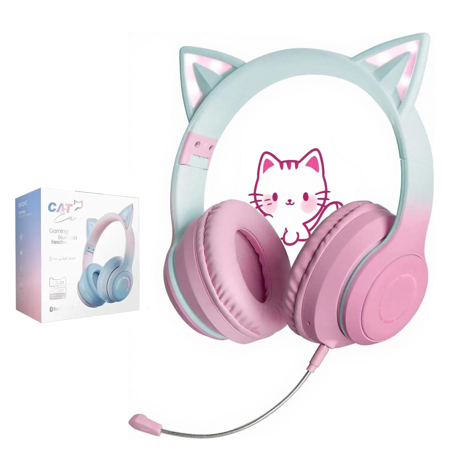 

Cat Ear Headphones, Wireless Gaming Headset, Bluetooth 5.1 with Mic, 15 Hours of Playback, Fast Charging, Low Latency, Dual Use with Wired and