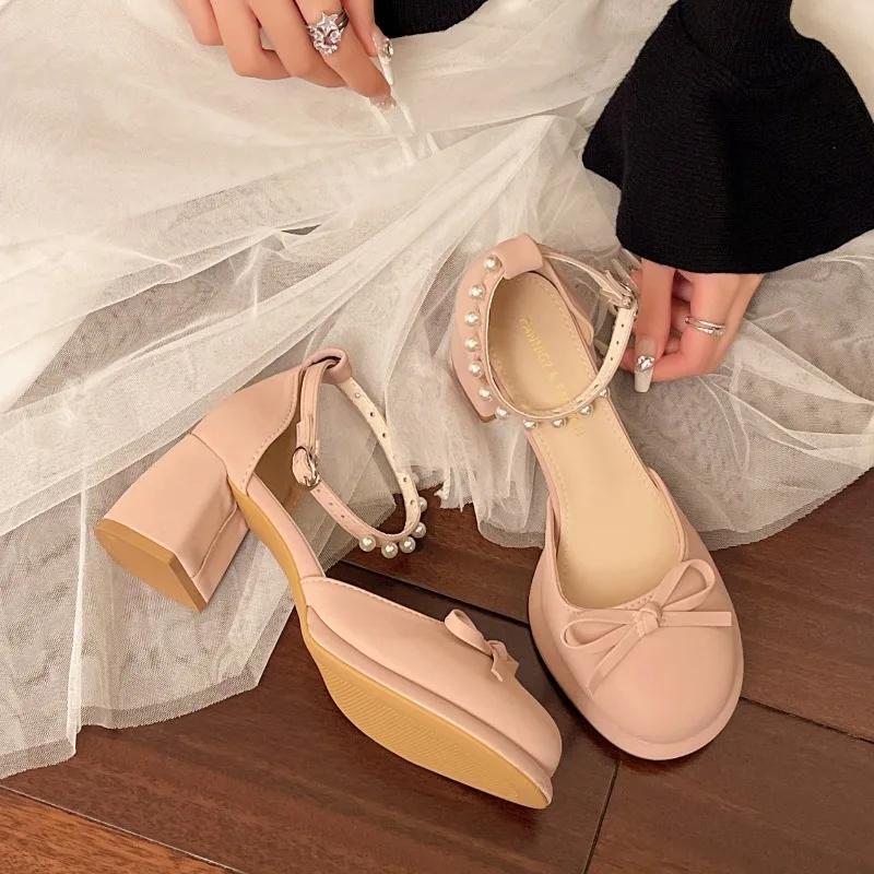 Fashion French Block Heel Baotou Bow Women's 2025 New Summer Temperament Elegant  Jane Shoes