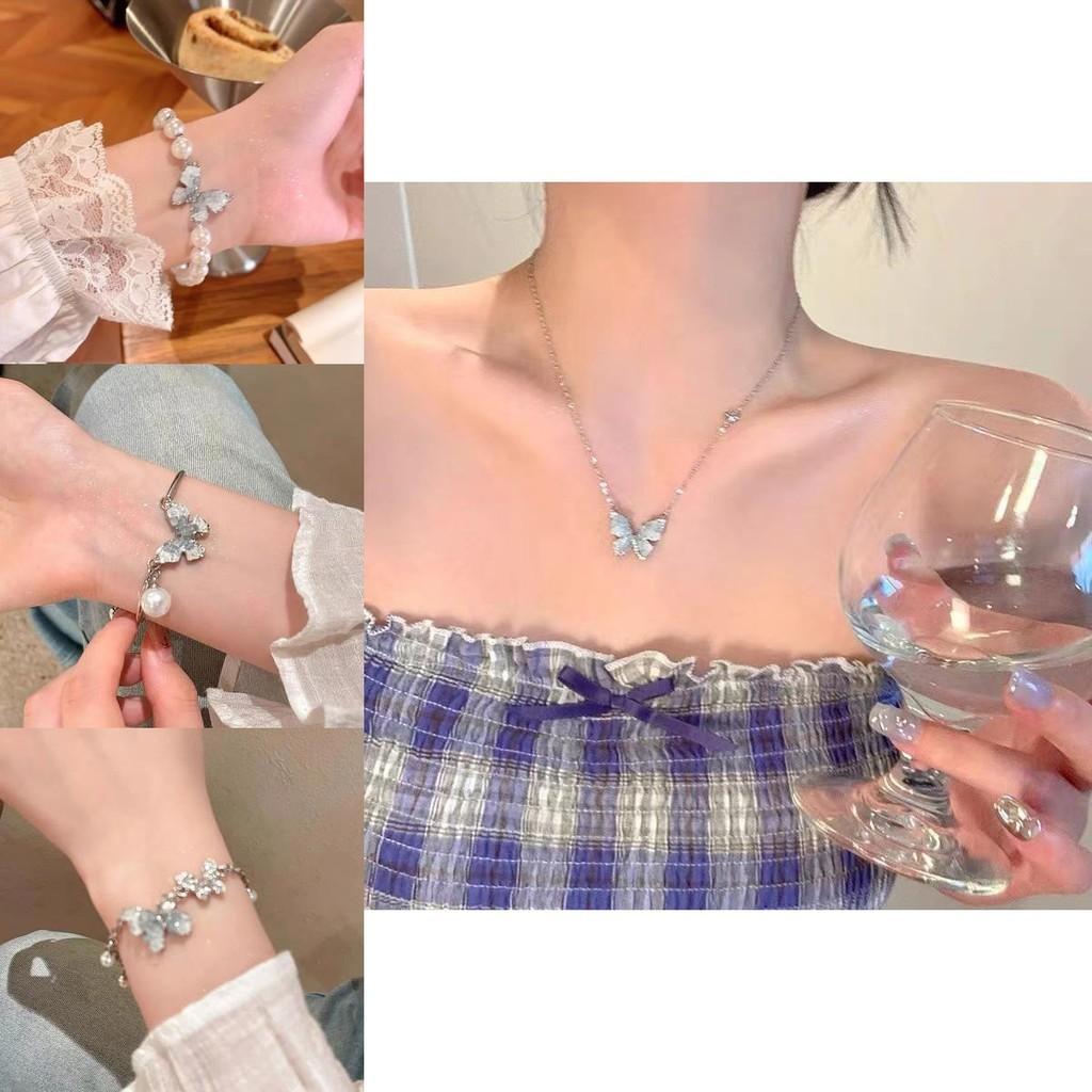 Exquisite Blue Ice Butterfly Pearl Bracelet Refined Trendy Womens Jewelry Hand