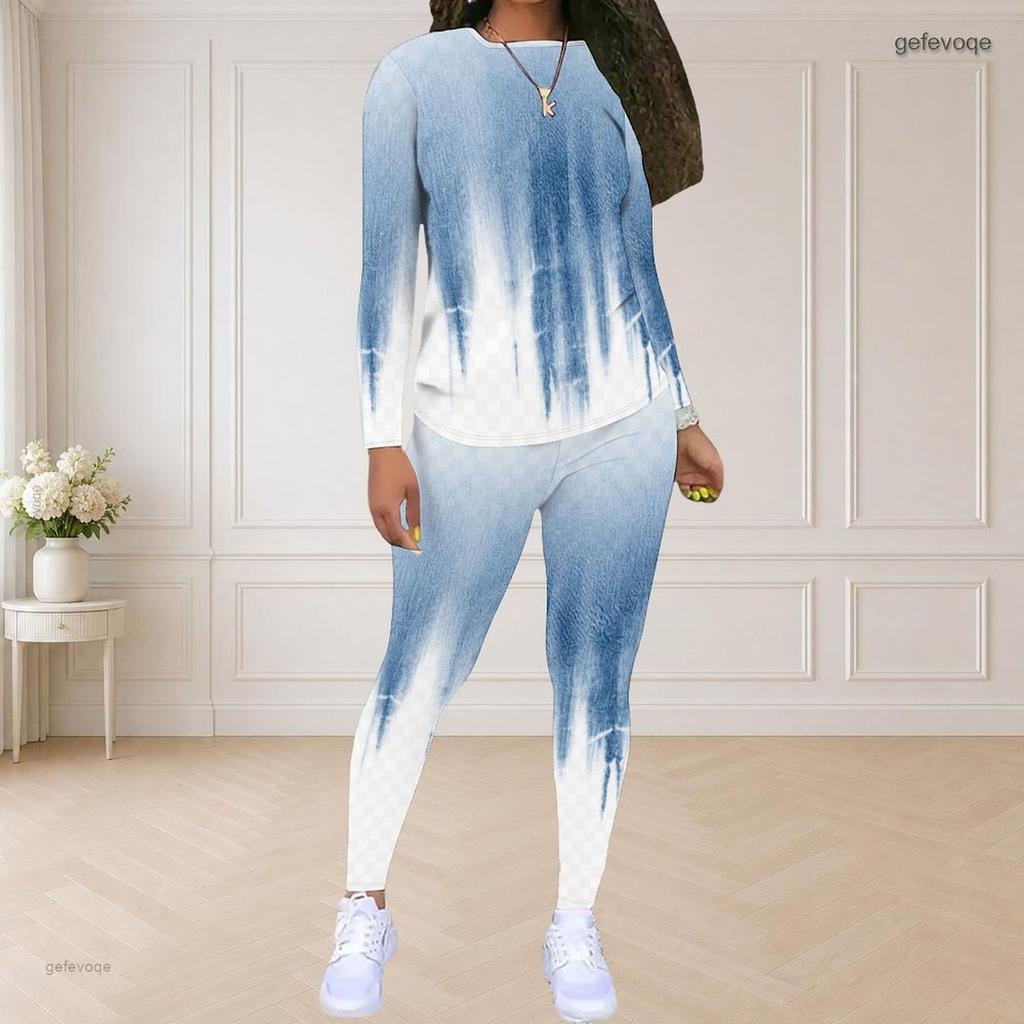 Women Plus Size Two Piece Set Round Neck Long Sleeve Printed Top And Fitted Pants