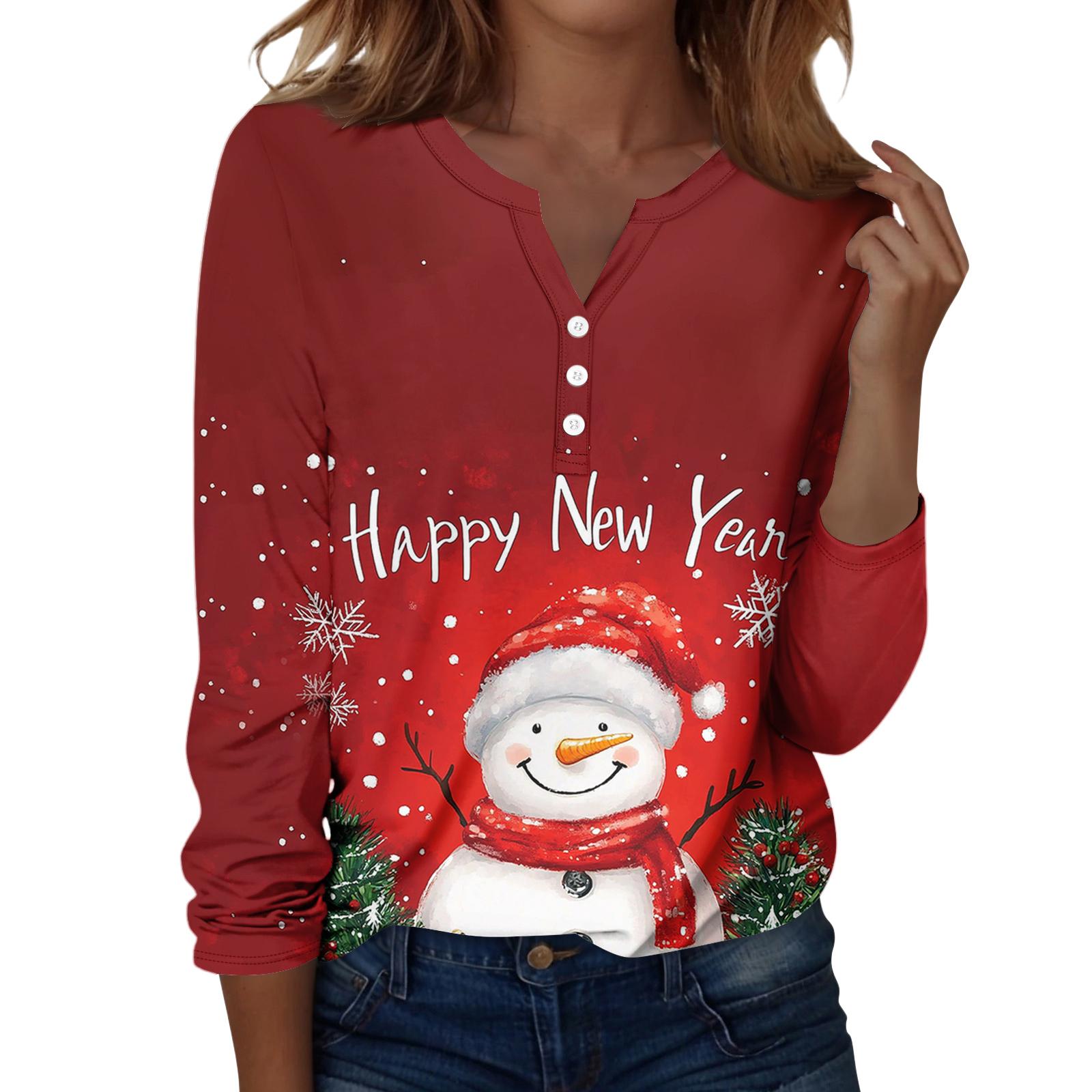 

Женская футболка с рождественским принтом на пуговицах с длинным рукавом, повседневная, выходного дня, модная, базовая, с V-образным вырезом, обычная S красный