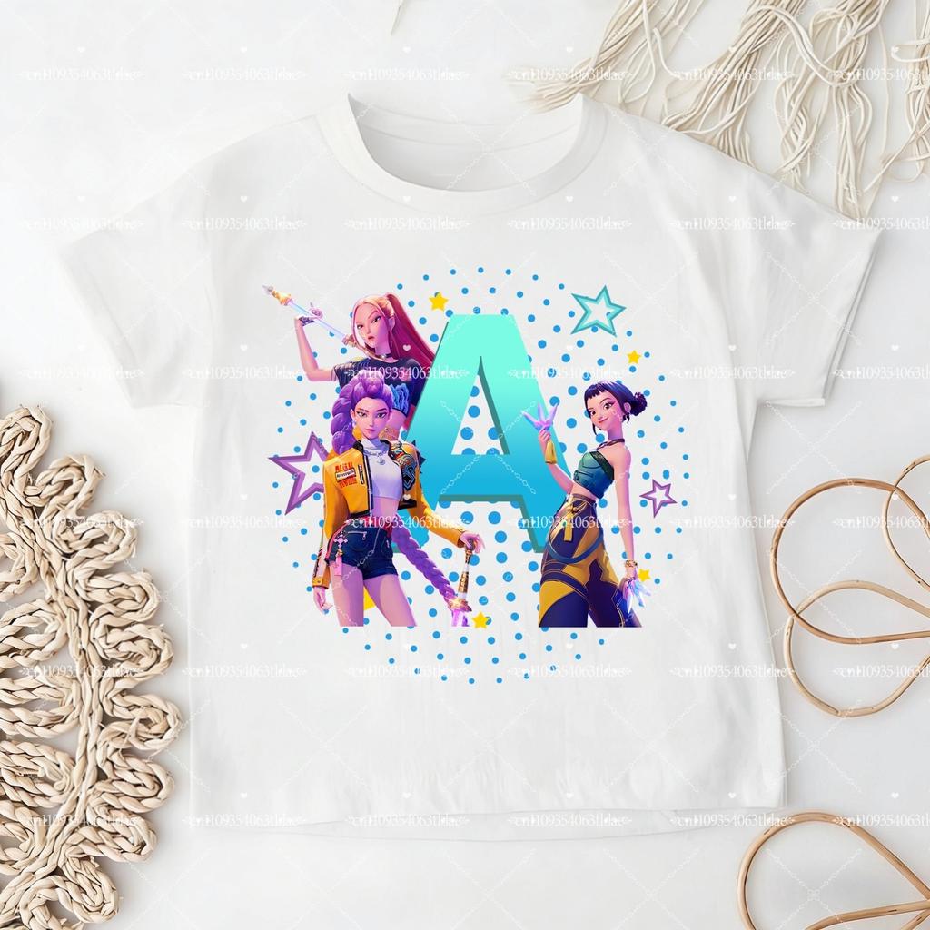 K-pop Demon Hunter Children's Cotton T-shirt for Girls - Sports Shirt - 2026 New Summer Short-Sleeved Casual Top - A-Z Letters