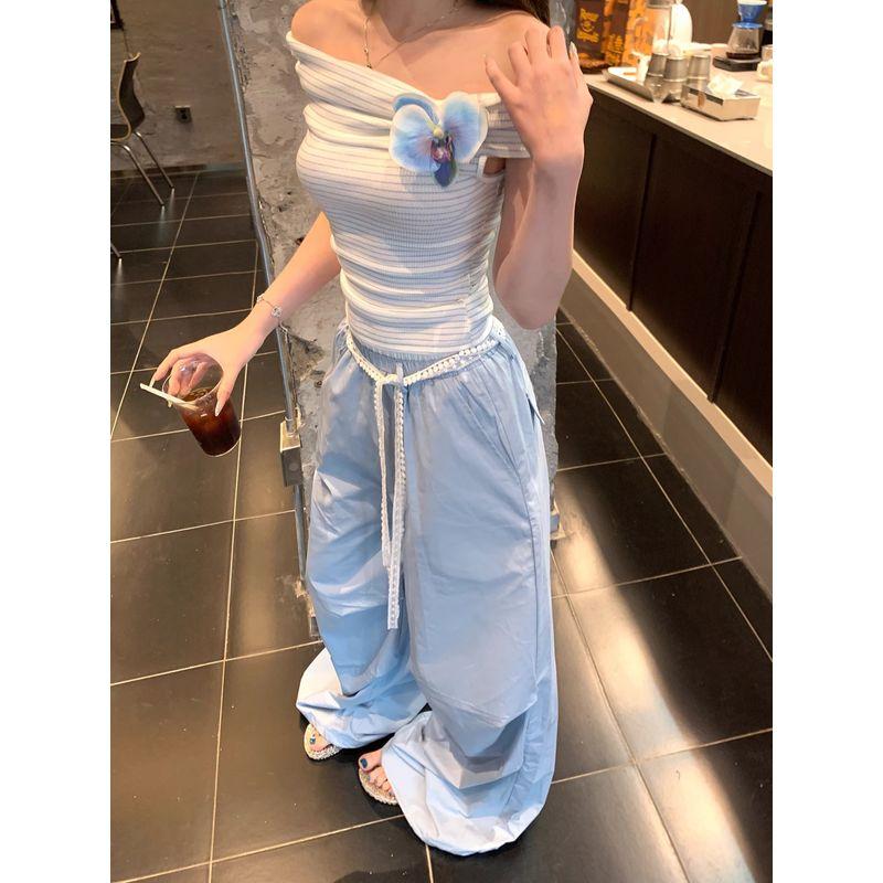 Kumikumi Pure Desire Set off-Shoulder Slim fit Slimming Crop T-shirt Women Summer High Waist Mopping Pants Two-piece Set