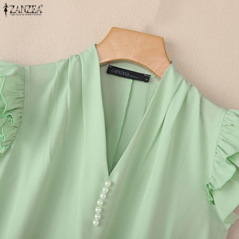 ZANZEA Women Casual V-Neck Ruffles Short Sleeve Elegant Blouse