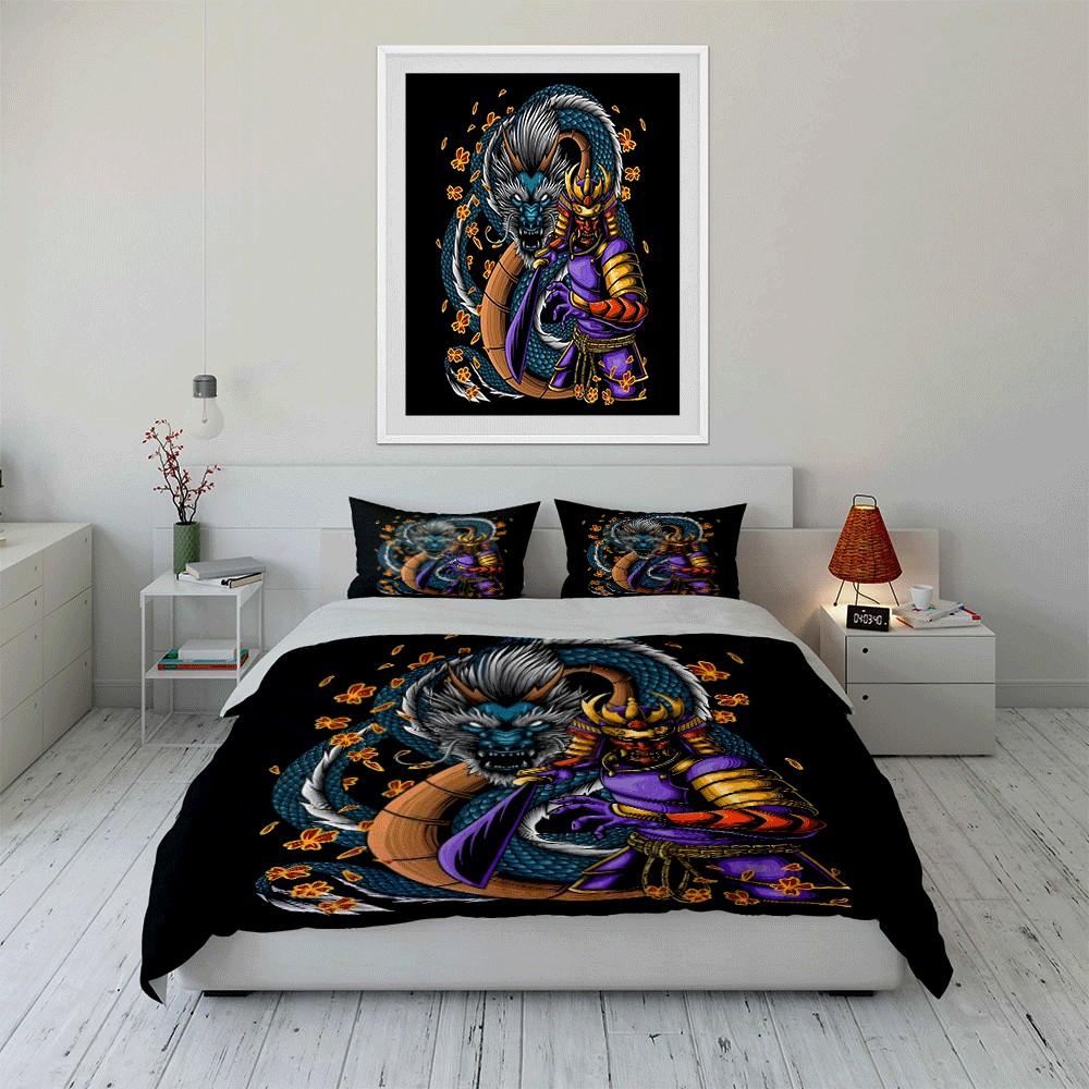 Samurai And Dragon Artistic Set: Suitable For Apparel Exquisite Three-Piece Bedding Set Gift For Kids And Adults
