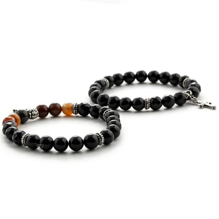 Natural Stone Black Cut Cross Onyx Bead Bracelet C22SVB-1002