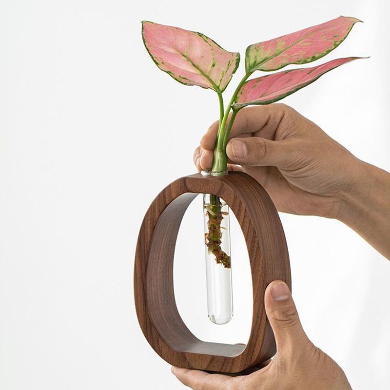 Solid Walnut Frame Hydroponic Glass Vase Modern Water Planter for Desk Flower Arrangement Flowerpot for Home Hotel Decor