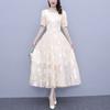 Stylish and elegant short-sleeved round neck floral dress women's summer banquet dress slim-fitting high-waisted A-shaped long dress