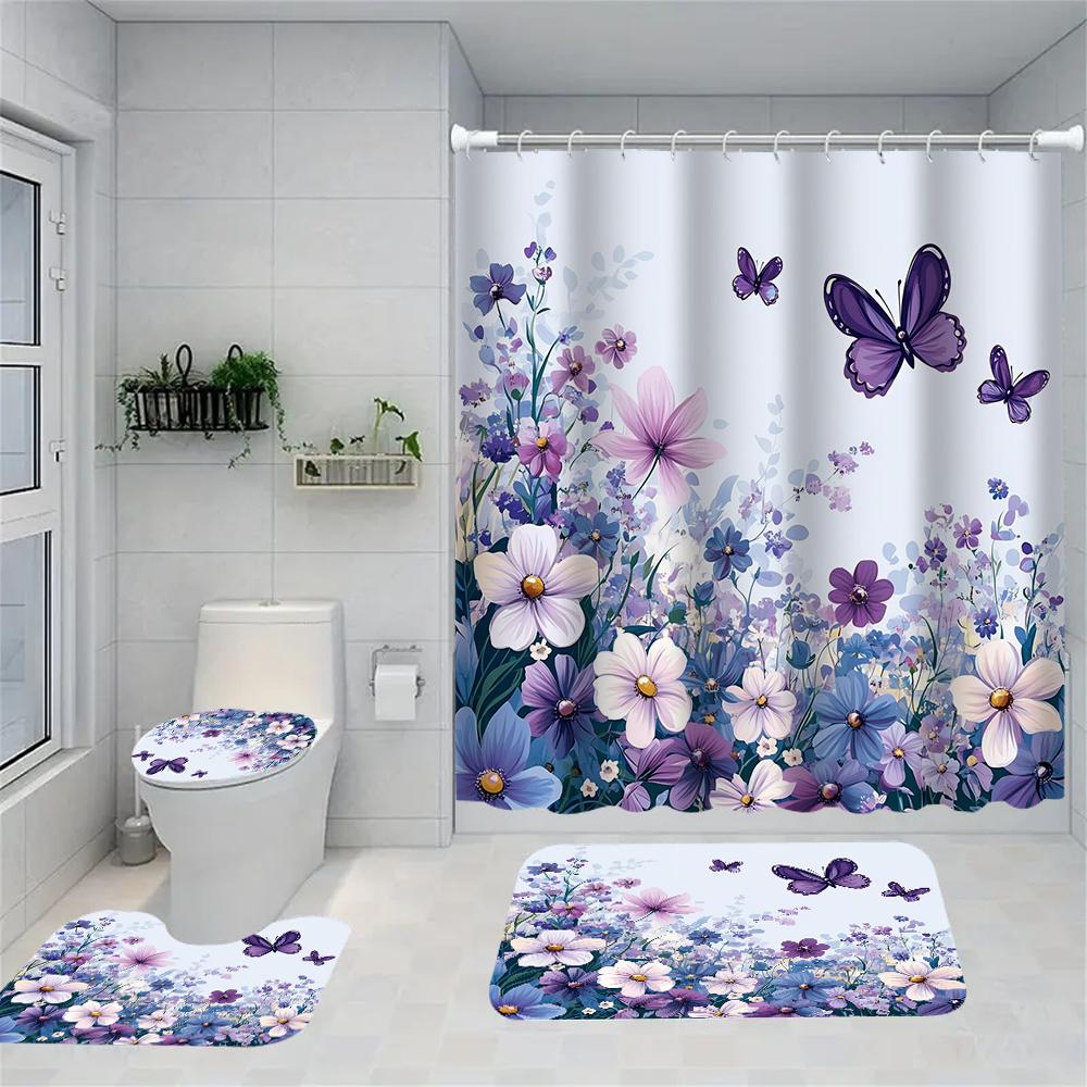 1/4 Flowers and Plants Print Shower Curtains, Toilet Seat Decoration, Shower Curtain with Carpet and Toilet Lid, 70.8x70.8 Inch
