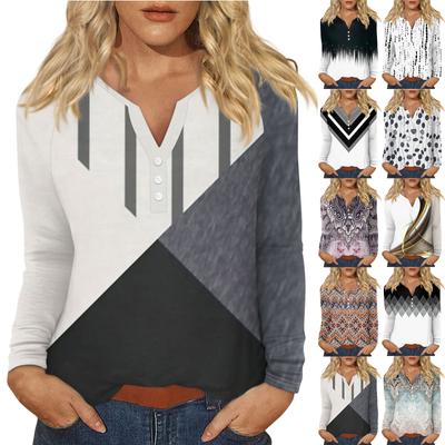 Moda feminina casual estampado decote em V manga comprida botão camiseta top