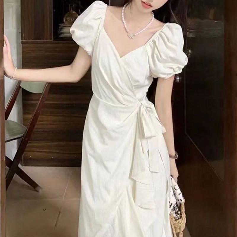 French irregular ruffle leaf edge strap bubble sleeve dress women's summer new temperament thin medium and long skirt