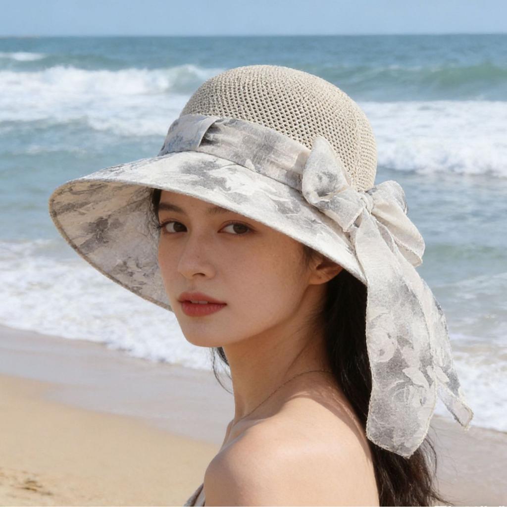 Big Eaves Sunscreen Hat Women'S Summer Breathable Bow Bucket Hat Outdoor Leisure Sunshade Uv Protection Hat