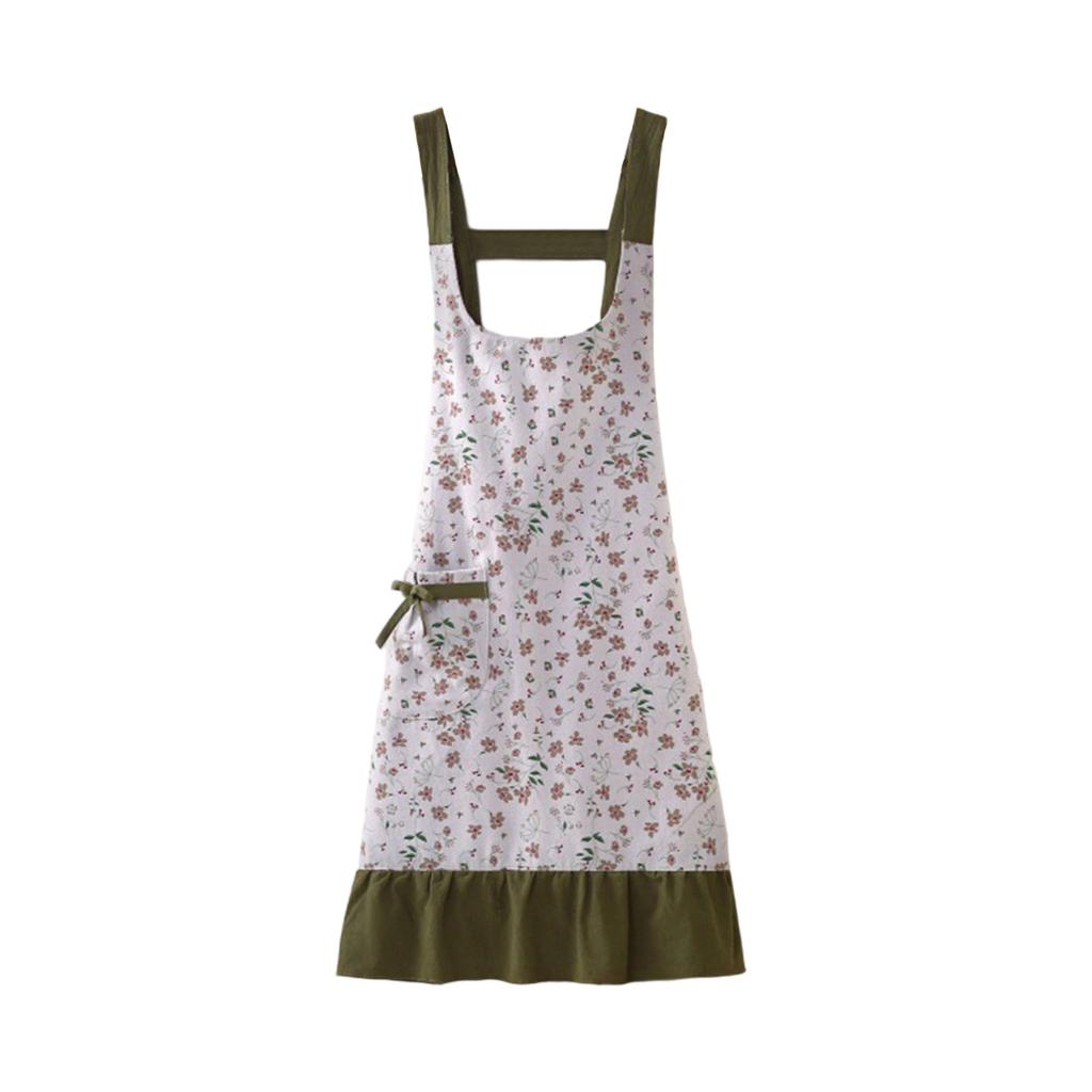 Adjustable Floral Print Cooking Apron with Pockets Stylish Tie-up Work Apron for Women Machine Washable Art Apron