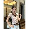 Contrasting color fake two-piece splicing neck-hanging short-sleeved T-shirt women's summer fashion spice girl style slim-fitting versatile foreign 