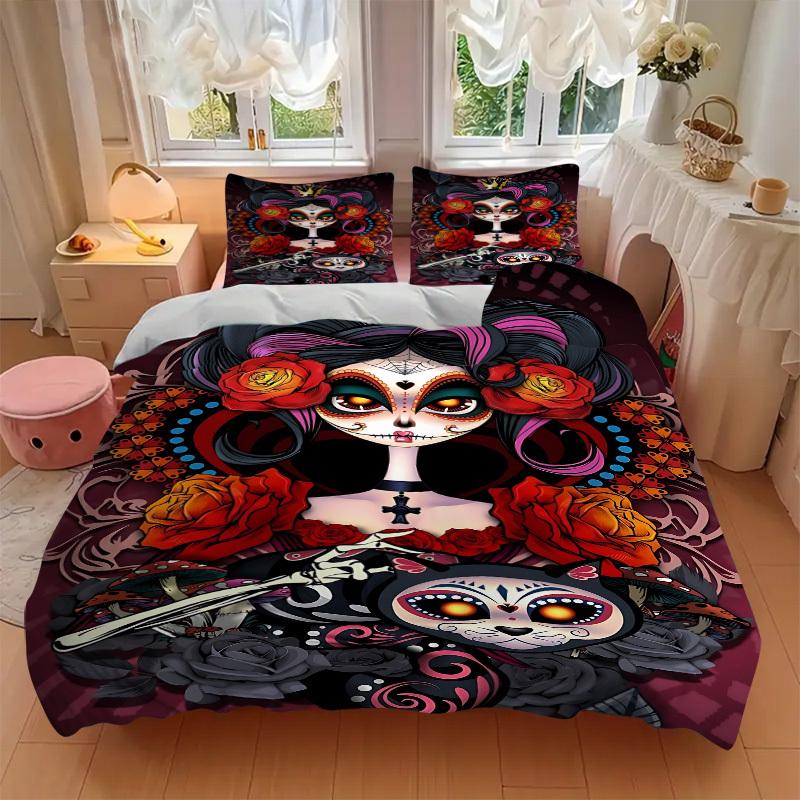 3pcs Sugar Skull Illustration Duvet Cover Set, Cover For Bedroom Guest Room (1 Duvet Cover + 2 Pillowcase, Without Quilt), yy250922204