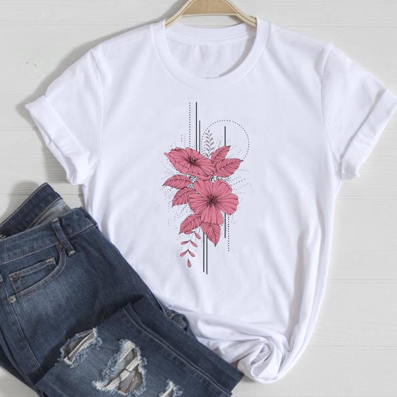 (European Size)90s Fashion Tee Clothing Casual Top Flower Lovely Trend T Shirt Short Sleeve Women Print Lady Female Graphic T-shirt