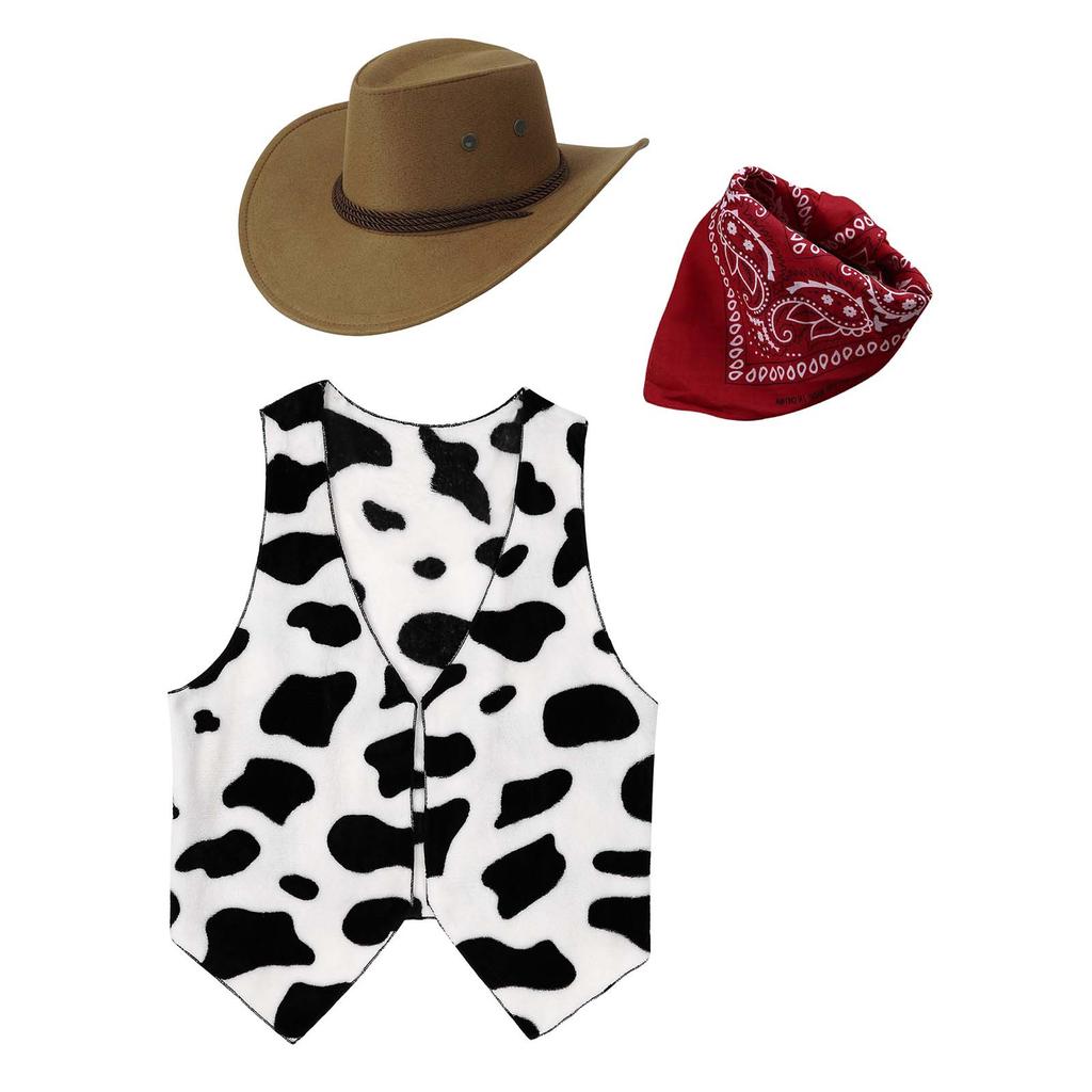 Mens Halloween Western Cowboy Cosplay Costume Cowboy Hat Cow Printed Flannel Waistcoat and Print Bandanna 3-piece Suit